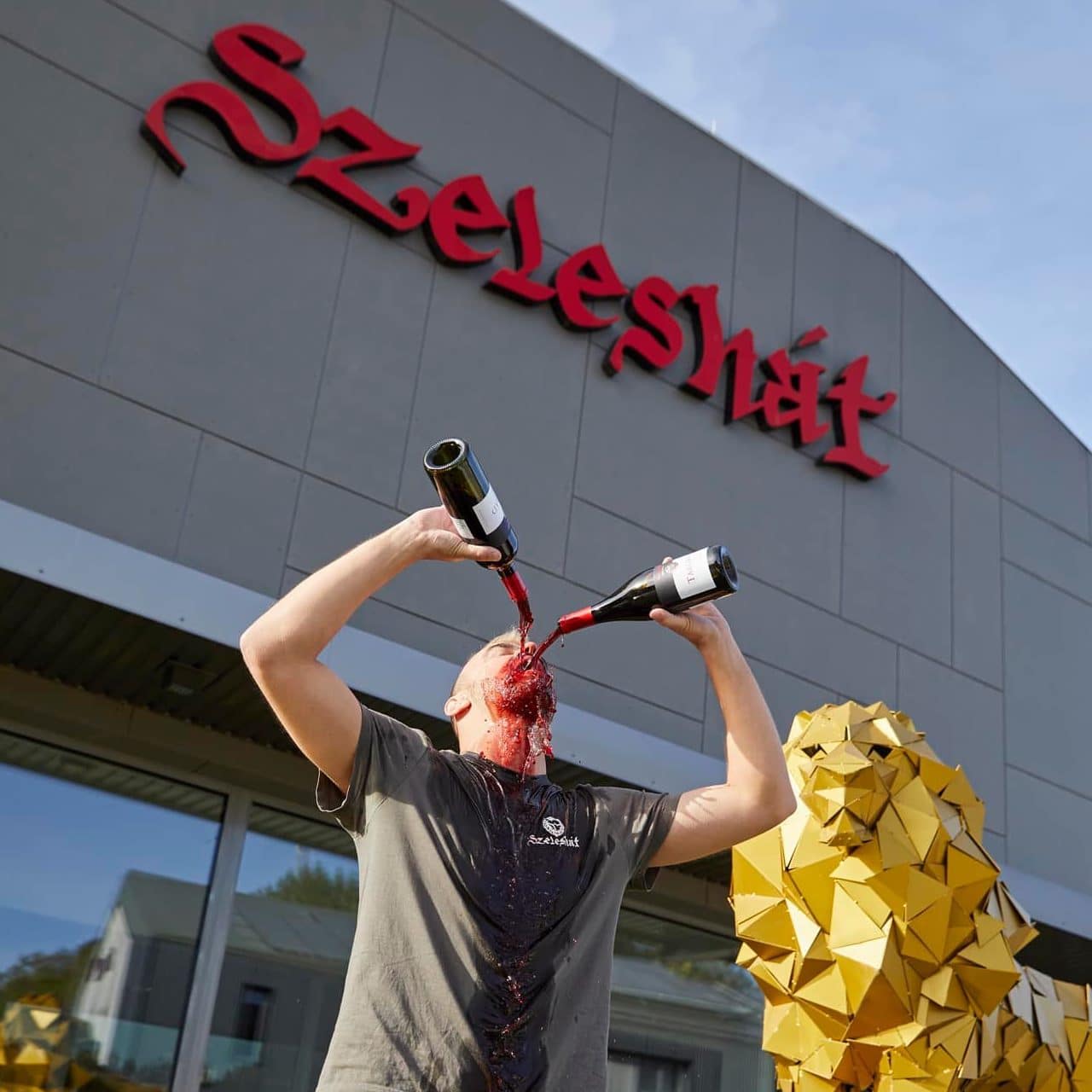Szekeshát winery Szekszárd building Hungary man drinking from two bottles